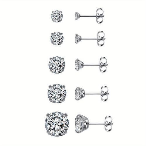 Stainless Steel CZ Stud Earrings 5 Pairs