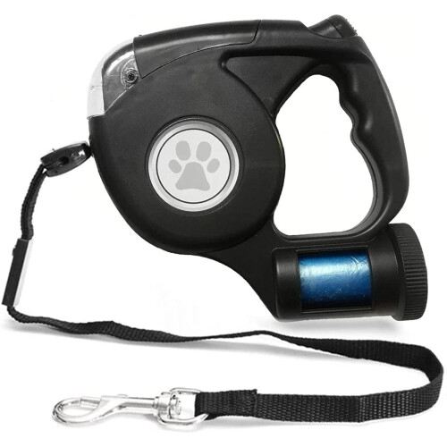 Dog Retractable Leash with Flashlight and Garbage Bag