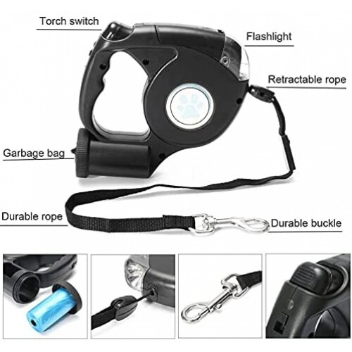 Dog Retractable Leash with Flashlight and Garbage Bag 2