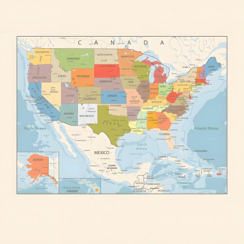 US Color Map Poster Topographical Features 12x18 Inch