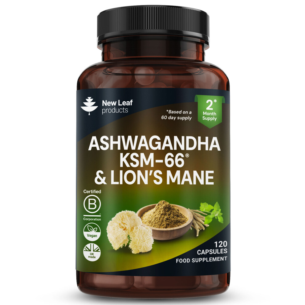 New Leaf Product Ashwagandha Ksm-66 And Lions Mane Capsules - High Strength 2000Mg Ksm-66 Ashwaghandha Root Extract And Lions Mane Mushroom Extract - 120 Vegan