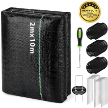 100GSM Heavy Duty 2m x 10m Weed Control Fabric with Ground Pegs, Fixing Discs and Puller Permeable Garden Weed Membrane
