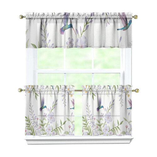 Purple Flower Bird Kitchen Curtains Set 3-Piece