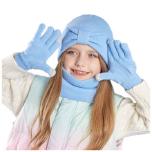 Girls Knitted Winter Hat Scarf Gloves Set Sky Blue One Size
