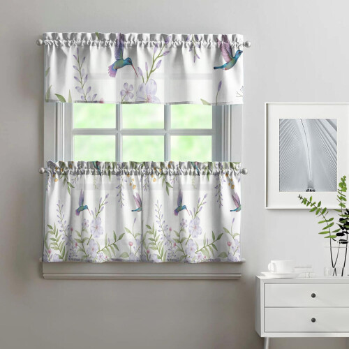 Purple Flower Bird Kitchen Curtains Set 3-Piece 1