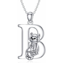 Cat Initial Pendant Necklace Silver Alphabet A to Z