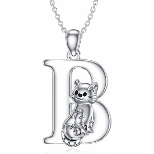 Cat Initial Pendant Necklace Silver Alphabet A to Z