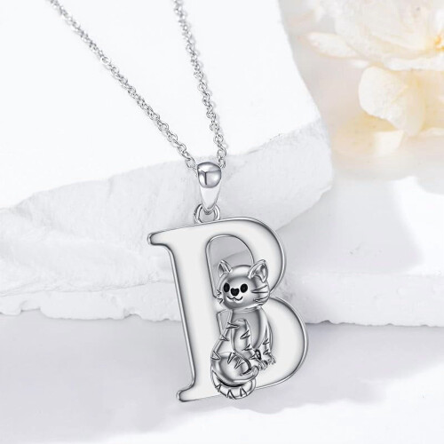 Cat Initial Pendant Necklace Silver Alphabet A to Z 1