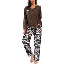 SHEKINI Damenpyjama Set Zweiteilig T-Shirt Langarm Lange Hose Pyjama Braun L — damen schlafanzug set