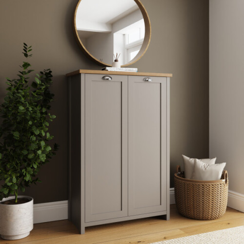 Lancaster 2 Door Shoe Cabinet Grey with Oak Top 1