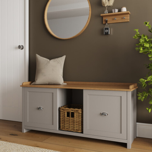 Lancaster 2 Door Shoe Bench Grey with Oak Top 1