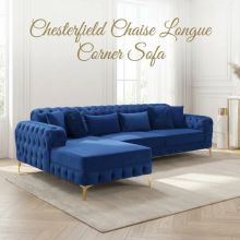 (Fabric Swatch, Velvet Royal Blue) Luxury Chesterfield Chaise Sofa Longue Velvet L Shape Corner Settee Couch Loveseat