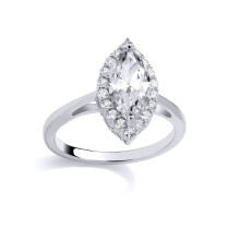 (P) Jewelco London Ladies Rhodium Sterling Silver Marquise CZ Cat's Eye Halo Engagement Ring - GSR1013