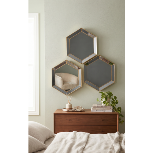 3 Hexagon Gold Plastic Frame Mirror Geometric 30Cm 1