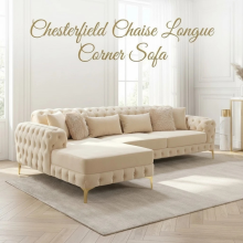 (Fabric Swatch, Velvet Cream) Luxury Chesterfield Chaise Sofa Longue Velvet L Shape Corner Settee Couch Loveseat