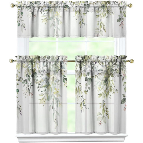 Leaf Kitchen Curtains Farmhouse Green 3-Piece Set