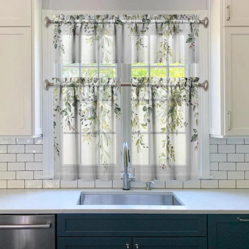 Leaf Kitchen Curtains Farmhouse Green 3-Piece Set 2