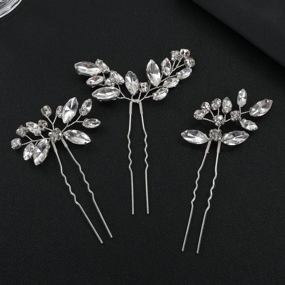 Dcph-Clothing (Silver) 3Pcs Rhinestone U-Shape Hairpin Wedding Hair Sticks