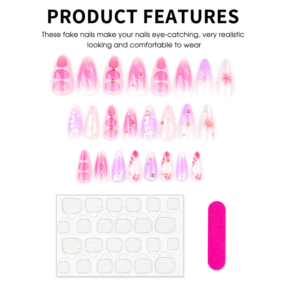 Hue-Grain 24Pcs Pink Ombre 3D Floral Fake Nails For Women
