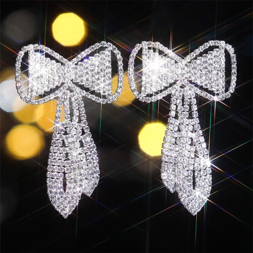 Boho Bridal Bow Earrings Rhinestone Silver 1 Pair 1
