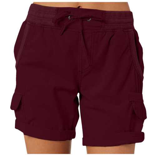 Shorts cargo femininos de verão, modelagem solta, com bolsos e elástico.