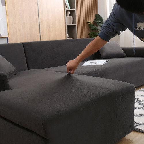 Housse de canapé extensible en velours pour canapé d'angle 3+3 en forme de L 2