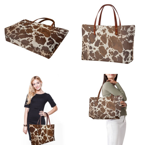 Conjunto de bolsa de couro PU marrom com estampa de vaca e estojo impermeável. 1