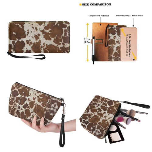 Conjunto de bolsa de couro PU marrom com estampa de vaca e estojo impermeável. 2