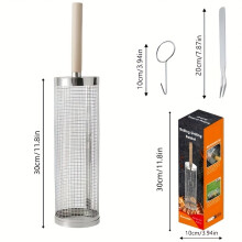 3-delige robuuste roestvrijstalen BBQ-grillset |Draagbare buitengrill met houten handgrepen en ophanghaak, grillmand