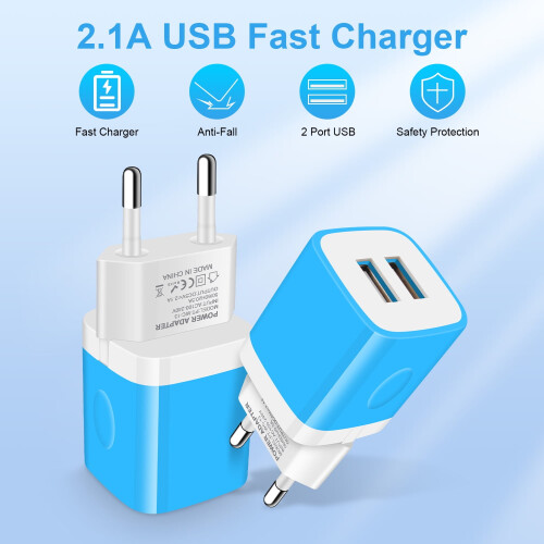 Europeisk reseadapter med dubbel USB-laddare 2.1A blå 1
