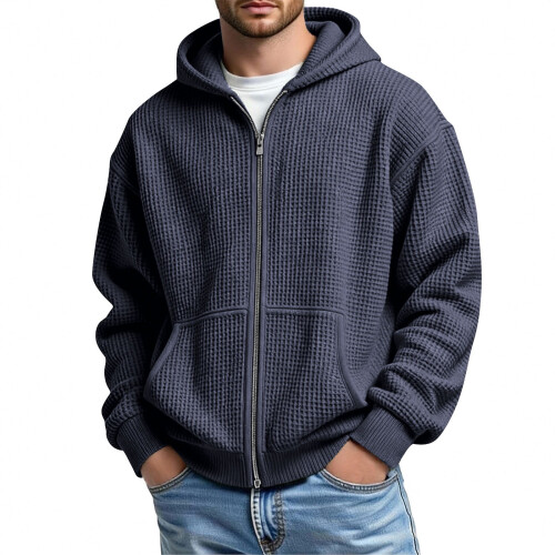 Moletom masculino com capuz, zíper frontal e textura waffle, com bolso canguru. 1