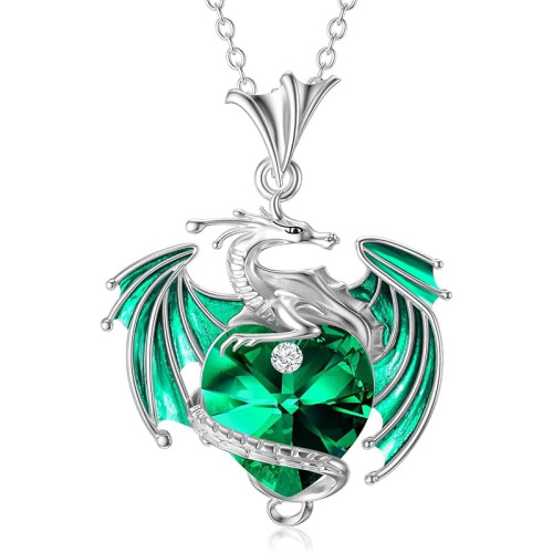 Collana con drago in argento sterling, pietra portafortuna e cuore