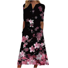 Damenkleid mit Blumenmuster, V-Ausschnitt, kurzen Ärmeln und wadenlang