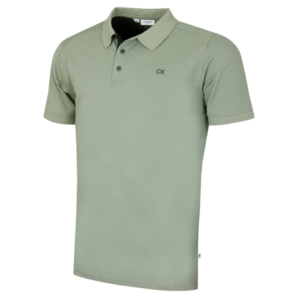 Calvin Klein (L, Sage Camo) Mens 2026 Campus 3 Button Ribbed Collar Golf Polo Shirt