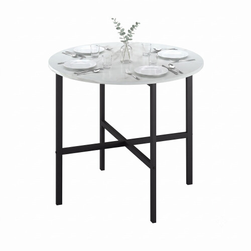 (White Marble) 80cm Round Wooden Dining Table w/ X Frame Legs
