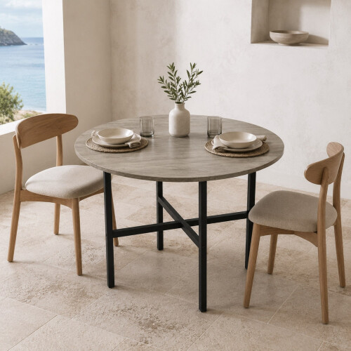 (Greige Oak) 80cm Round Wooden Dining Table w/ X Frame Legs 2