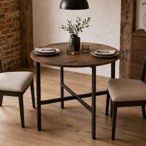 (Rustic Oak) 80cm Round Wooden Dining Table w/ X Frame Legs 2