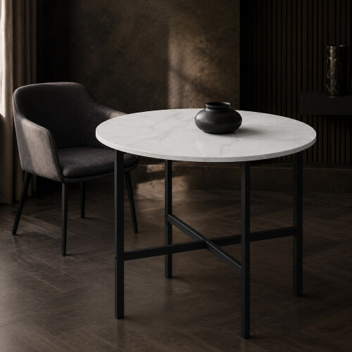 (White Marble) 80cm Round Wooden Dining Table w/ X Frame Legs 1