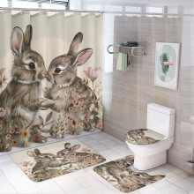 Rideau de douche aquarelle lapins et fleurs, ensemble de 4 pièces