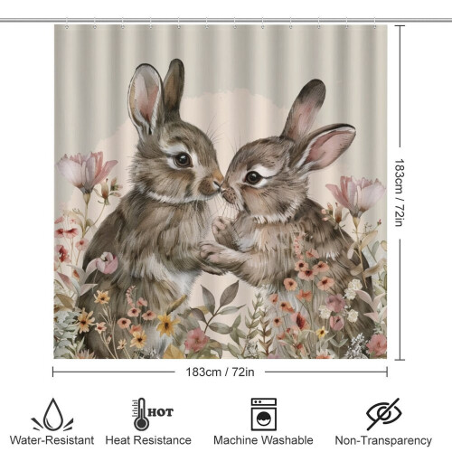 Rideau de douche aquarelle lapins et fleurs, ensemble de 4 pièces 1