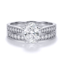 (R) Jewelco London Ladies Solid 9ct White Gold Oval CZ Wed-fit Engagement & Half Eternity Travel Bridal Rings Set - JRN600+610