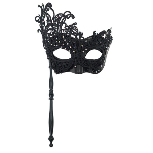 Strass-Spitze-Maskerade-Masken mit Stock,-Schwarz