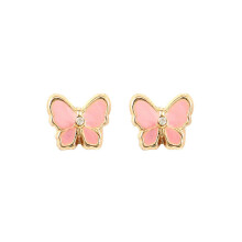 Jewelco London Ladies 9ct Yellow Gold Pink Enamel Butterfly Stud Earrings - JES252