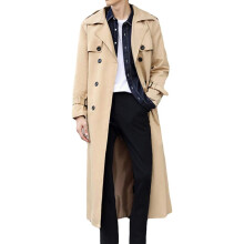 Casaco trench coat masculino de negócios, longo, com abotoamento duplo e cinto.