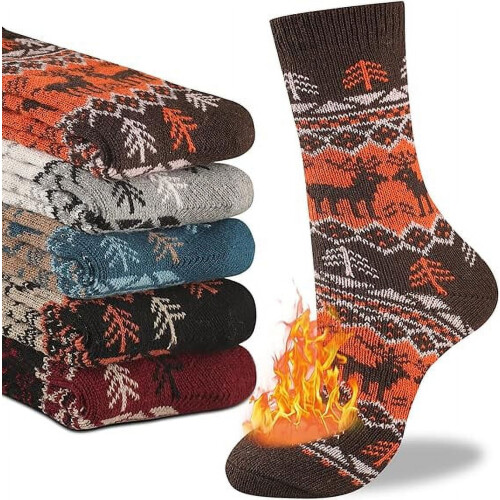 Men's Wool Thermal Socks Winter Thick Crew Pattern 5 Pairs