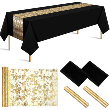 Ensemble de nappes en polyester noir 4 pièces 152 x 259 cm avec détails dorés