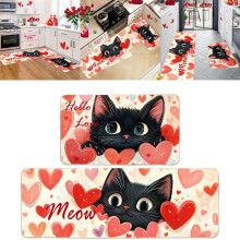 Jogo de tapetes de cozinha com estampa de gato e coração (2 peças, 40x60cm e 40x119cm)