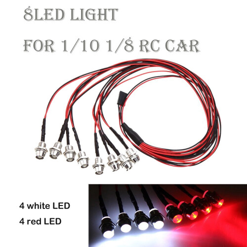 Kit di luci a LED per auto RC 1/10 e 1/8, 8 pezzi, bianco e rosso