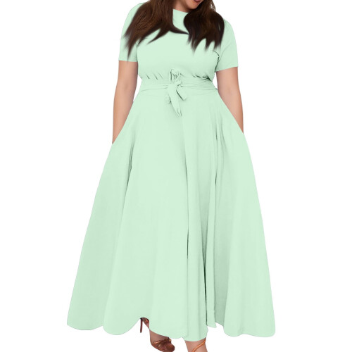 Plus Size Mint Pink Swingkjole med Bindebånd i Taljen til Kvinder