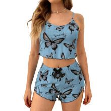Completo canotta da donna con stampa a farfalle, blu, taglia L